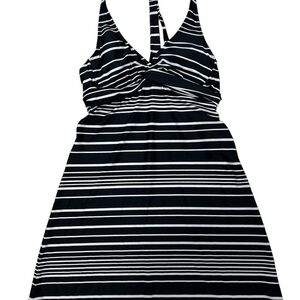 ATHLETA Women's Black White Striped Halter Swim Dress 36 B/C Underwire Bra